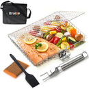 The Braize Large Stainless Steel Grill Basket with Removable Handle, Basting Brush, and Scrub Sponge comes with a black Braize carrying bag—ideal for easily grilling fish and vegetables.