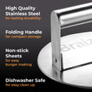 Close-up of the Braize Smash Burger Press with Folding Handle & 50 Non-Stick Paper Sheets—featuring durable stainless steel, a convenient folding handle, non-stick sheets, and dishwasher-safe design for crisp-edged burgers.