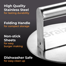 Close-up of the Braize Smash Burger Press with Folding Handle & 50 Non-Stick Paper Sheets—featuring durable stainless steel, a convenient folding handle, non-stick sheets, and dishwasher-safe design for crisp-edged burgers.