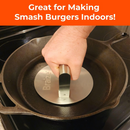 A hand uses the Braize Smash Burger Press with Folding Handle & 50 Non-Stick Paper Sheets on a skillet. Text above reads, Great for Making Crispy-Edged Burgers Indoors! Brand: Braize.