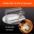The Braize Smash Burger Press with Folding Handle & 50 Non-Stick Paper Sheets is shown—1.5" high when folded, 6.5" in diameter. Inset image shows it folded and stored in a drawer. Text: Folds Flat To Fit In Drawer!.