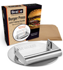 The Braize Smash Burger Press with folding handle and 50 non-stick paper sheets is shown next to its box, which displays a burger photo. The included sheets help create crispy-edged burgers with this Braize press.