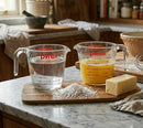 Two Pyrex measuring cups, one filled with water and the other with orange liquid—ideal for following techniques from SpitJack’s The Ultimate Guide to Meat Injecting PDF eBook—sit on a wooden board beside a block of butter and a pile of salt in a rustic kitchen setting.