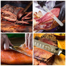 A collage shows hands skillfully slicing brisket, cured ham, and smoked salmon with sharp meat carving knives. The knives feature silver blades—some engraved—effortlessly gliding through the meats on wooden and metal surfaces. Featured among them is the SpitJack Deluxe Brisket Slicing Knife, an 11-inch blade from the SpitJack Competition-Chef Series, designed to deliver precise cuts for brisket and showcase the ideal tool for any serious cook.