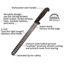 Introducing the SpitJack 6 Inch Beef Brisket Trimming and Boning Knife and 11″ Slicing Knife Bundle. This premium set features knives with black handles, stainless steel blades, hollow-ground scallops, and rounded tips. Enjoy dishwasher-safe convenience, a super-sharp edge ideal for slicing meats, and versatile performance—perfect for brisket or as an essential BBQ knife set addition. SpitJack logo displayed in the corner.
