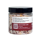 Clear plastic jar of B.T. Leigh’s Aleppo & Garlic Finishing Salt with a label recommending it for beef, lamb, pork, poultry, bread, and vegetables, featuring a QR code and text that reads Scan for more flavor.