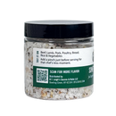 Clear plastic jar of B.T. Leigh’s Jalapeno & Garlic Finishing Salt with a label featuring serving suggestions, a QR code, and company contact information.