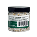 Clear plastic jar of B.T. Leigh’s Jalapeno & Garlic Finishing Salt, a coarse blend of salt, dried garlic, and jalapeno flakes, showing the nutrition facts label and barcode on the side.
