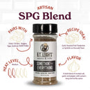 B.T. Leigh’s All Purpose Salt, Pepper, & Garlic Seasoning bottle surrounded by flavor profile notes, pairing suggestions, and recipe ideas.