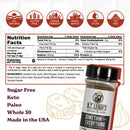 A jar of B.T. Leigh’s All Purpose Salt, Pepper, & Garlic Seasoning next to a nutrition label, a list of dietary benefits, and icons for all-natural, gluten-free, vegan, small-batch, filler-free, and MSG-free product attributes.