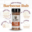 A bottle of B.T. Leigh’s The OG Box - Classic Flavors Gift Set barbecue rub centered among text labels describing its mild heat, suggested food pairings, recipe ideas, and flavor profile.