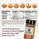 A jar of B.T. Leigh’s Sweet & Savory BBQ Rub positioned below a nutrition facts label and a row of dietary icons including gluten free, vegan, and all natural.