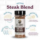 A jar of B.T. Leigh’s The OG Box - Classic Flavors Gift Set steak rub surrounded by infographics detailing its medium heat, recipe ideas, and a salty, smoky, savory flavor profile.