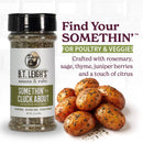 A bottle of B.T. Leigh’s Aromatic Citrus Herb Blend next to a pile of herb-seasoned roasted potatoes.