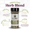 A bottle of B.T. Leigh’s Aromatic Citrus Herb Blend surrounded by text describing flavor notes and recipe ideas for this versatile chicken and turkey seasoning.