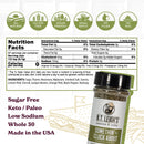 An infographic for B.T. Leigh’s Aromatic Citrus Herb Blend showing dietary icons, a nutrition facts label, ingredient list, and a jar of citrus herb seasoning for chicken or turkey.