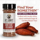 A jar of B.T. Leigh’s Sweet & Spicy BBQ Rub next to three cooked chicken wings, with text promoting the product’s flavor profile.