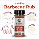 B.T. Leigh’s Sweet & Spicy BBQ Rub container surrounded by text highlighting its heat level, meat and vegetable pairings, and a recipe idea for spicy sweet potato fries.