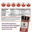 A container of B.T. Leigh’s Sweet & Spicy BBQ Rub sits in the lower right corner, surrounded by a Nutrition Facts label, an ingredient list, and icons indicating the product is all-natural, gluten-free, vegan, small-batch, and contains no fillers or MSG.