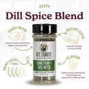 A B.T. Leigh’s Zesty Dill Lemongrass Seasoning jar labeled with flavor notes, heat level, food pairings, and recipe ideas.