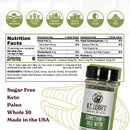 A glass jar of B.T. Leigh’s Zesty Dill Lemongrass Seasoning with a black label, displayed alongside its nutrition facts, ingredient list, and dietary claims including sugar-free, keto, paleo, and Whole30.