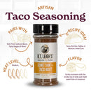 A bottle of B.T. Leigh’s Gluten-Free Taco Seasoning surrounded by labels describing its low sodium content, medium heat level, suggested food pairings, and recipe ideas including tacos and burritos.