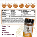 A jar of B.T. Leigh’s Gluten-Free Taco Seasoning beside its nutrition facts label, ingredient list, and a list of dietary icons and certifications including gluten-free, sugar-free, keto, and paleo.