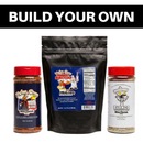 Three Meat Church containers—Holy Cow BBQ Rub, a black pouch of Holy Cow Inject Nutrition (ideal for meat injections), and Blanco—are lined up beneath a bold “BUILD YOUR OWN” banner, inviting you to customize your own Meat Church Build Your Own Bundle with these top-tier BBQ rubs and injection blends from Meat Church.