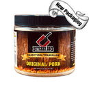 A 14.5 oz jar of Butcher BBQ Original Pork Injection by Butcher BBQ, featuring a flame-themed label and a “New Packaging” banner in the top right corner—ideal for enhancing your competition BBQ recipes with this award-winning pork injection.
