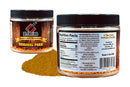Two jars of Butcher BBQ Original Pork Injection by Butcher BBQ are pictured—one highlighting the front label and the other revealing the nutrition facts and ingredients—while a sprinkle of yellowish powder sits nearby, making this injection a dependable choice to elevate your next competition BBQ.