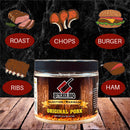 A jar of Butcher BBQ Original Pork Injection from Butcher BBQ rests on a wooden surface. Illustrated labels for roast, chops, burger, ribs, and ham—with coordinating meat graphics—surround the jar against a dark backdrop. This premium pork injection is ideal for competitive barbecue or enhancing your favorite pork recipes at home.