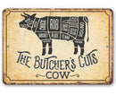 Vintage-style sign with butcher's cut diagram of a cow on a beige background