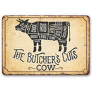 The Butcher’s Cut Cow Diagram Sign by Lone Star Art displays labeled cuts like rib, chuck, brisket, flank, shank, round, and loin. Ideal as a beef diagram for kitchens or meat shops. Text: The Butchers Cuts Cow.