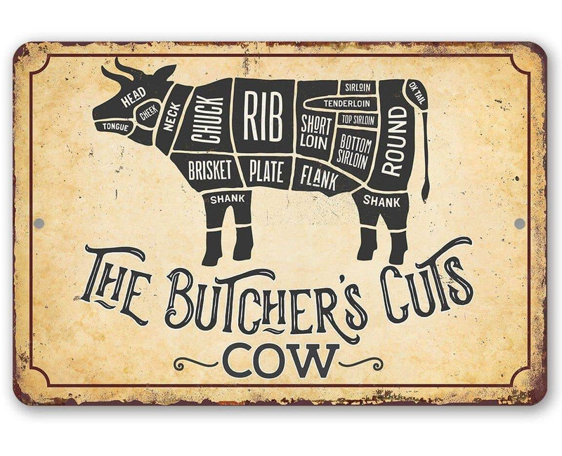 Vintage-style sign with butcher's cut diagram of a cow on a beige background
