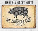 Decorative sign with a pig diagram and text on a tiled wall background