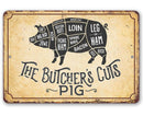 Vintage-style sign with diagram of a pig and butcher's cuts on a beige background