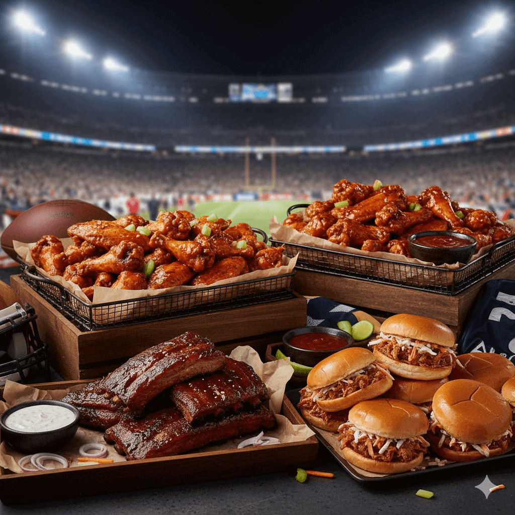 A spread of barbecue ribs, saucy chicken wings, and pulled pork sliders on a table at a football stadium, with the field and cheering crowd visible in the background.