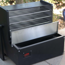 A close-up of the Myron Mixon BARQ 3600 Pellet Smoker (BARQ-3600) from Myron Mixon Smokers, showcasing its multiple metal racks and lower compartment, on a patio with greenery behind.