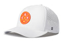 Introducing the Haka Hat Calgary Hockey Performance 5-Panel Hat | CGY X Flexfit Snapback by Haka Hat—a white snapback hat featuring a round red and yellow patch on the front with crossed hockey sticks and the letters C, G, and Y. It is designed with classic Flexfit snapback styling for a comfortable fit, small ventilation holes on the side for breathability, and a subtle H logo detail.