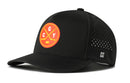 Introducing the Haka Hat Calgary Hockey Performance 5-Panel Hat | CGY X Flexfit Snapback by Haka Hat—a sleek black Flexfit snapback baseball cap. It features a round red and yellow logo with crossed hockey sticks, a puck, and the letters C, G, and Y—making it the perfect Calgary hockey hat. For added style and comfort, this cap includes small ventilation holes on the side along with an H logo detail.