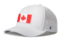 Introducing the Haka Hat Canada Flag Performance 5-Panel Hat—a white Canadian Flexfit snapback by Haka Hat. This cap showcases a bold red maple leaf Canada flag design on the front, features small ventilation holes on the sides, and is finished with a subtle black H logo near the brim.