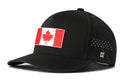 Introducing the Haka Hat Canada Flag Performance 5-Panel Hat by Haka Hat, a black Canadian Flexfit snapback featuring a red maple leaf on the front panel and small ventilation holes on the sides for enhanced comfort.