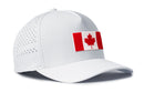 Introducing the Haka Hat Canada Flag Performance 5-Panel Hat—a white Flexfit snapback by Haka Hat, showcasing a bold red and white Canadian flag with a prominent maple leaf on the front panel. This Canadian hat also features small side ventilation holes for enhanced comfort.