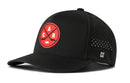 Introducing the Haka Hat Carolina Hockey Performance 5-Panel Hat | Red CAR X Flexfit Snapback. This black cap features a bold red circular logo with two crossed hockey sticks, the letters A, C, R, and a puck. Designed for style and comfort, it includes small ventilation holes on the side and a distinctive Haka Hat “H” logo near the brim. The Flexfit Snapback construction guarantees a secure and comfortable fit every time you wear it.