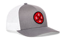 Introducing the Haka Hat Carolina Hockey Trucker Hat | Red CAR X Snapback by Haka Hat—this stylish trucker features a grey and white mesh design, highlighted by a vibrant red circular patch on the front with two crossed hockey sticks, the letters C, A, R, and a small hockey puck—a tribute to Raleigh North Carolina’s hockey spirit. Crafted in our signature 5.0 trucker style, it perfectly combines sporty flair with classic comfort.