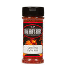 A 4 oz plastic spice jar of BBQ Bros Rubs Carolina Style BBQ Rub with a black lid. The label displays flames and the phrases “Authentic Regional Recipes” and “Carolina Style,” highlighting this bold, sweet heat BBQ seasoning from BBQ Bros Rubs.