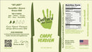 Bottle label for Culture Hot Sauce Carpe Verdiem by Culture Hot Sauce. Showcases a vivid green handprint, essential product details, nutrition facts, suggested food pairings, the brand’s mission statement, social media links, and the chef’s signature. Expertly crafted in America with a lively roasted tomatillo salsa base that delivers bold and fresh flavor in every drop. Enjoy as your new go-to tropical green salsa! 5 fl oz.