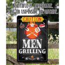 The Lone Star Art “Caution Men Grilling Bring Beer” metal sign features grilling tools and food over a flaming grill—beautiful, affordable, and safe for indoor or outdoor use. Makes the perfect housewarming gift.