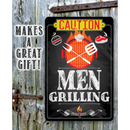 The Lone Star Art "Caution Men Grilling Bring Beer" metal sign features BBQ tools, food icons, and a flaming grill—ideal rustic decor and a fun housewarming gift for grill lovers.