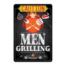 The Lone Star Art "Caution Men Grilling Bring Beer" metal sign features CAUTION at the top, a flaming grill, crossed spatula and fork, meat images, and bold white text—perfect grilling decor or housewarming gift.